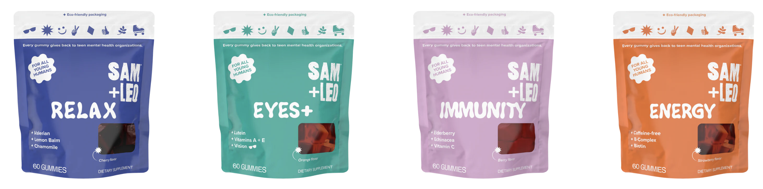Sam+Leo gummy lineup — four product packs: Relax, Eyes+, Immunity, and Energy